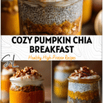 Layered pumpkin oats with yogurt and chia seeds topped with cinnamon and nuts for a cozy fall breakfast. 26